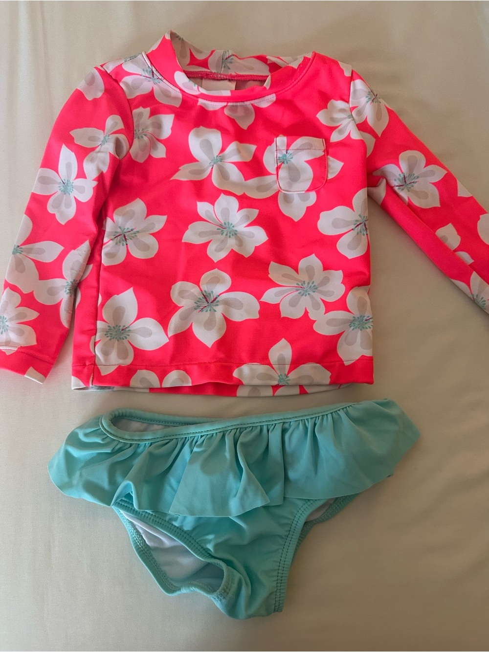 Carter's Pink Floral Rash Guard with Aqua Ruffle Bikini Bottom